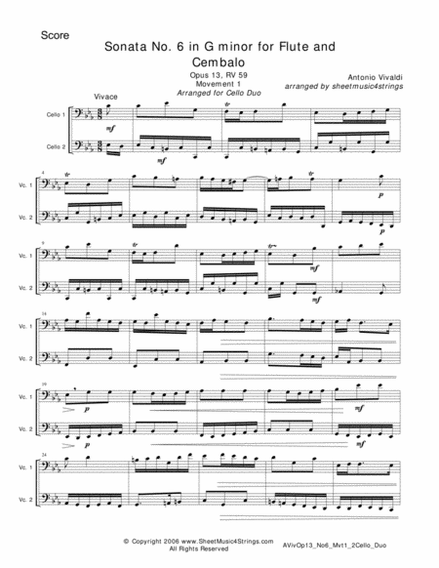 Vivaldi, A. - Sonata No. 6 Mvt.1 for Violin and Cello image number null
