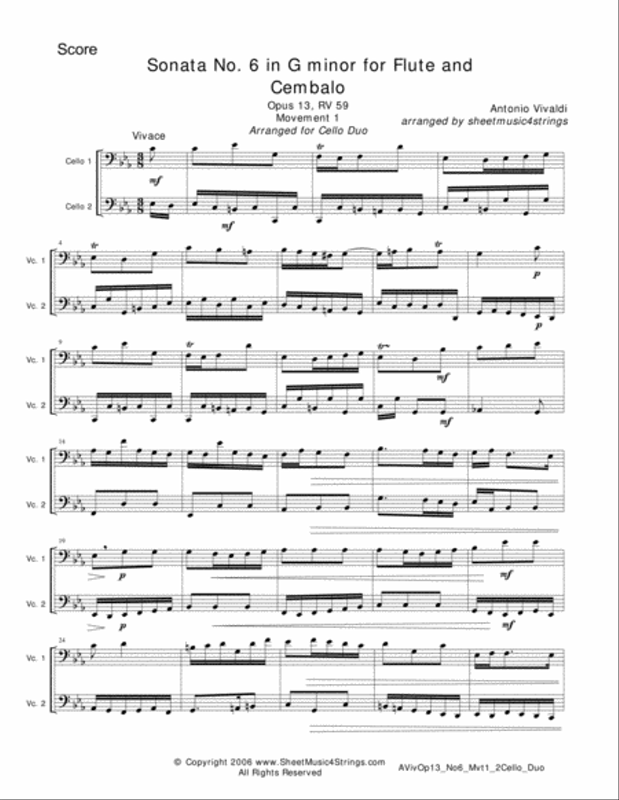 Vivaldi, A. - Sonata No. 6 Mvt.1 for Violin and Cello String Duet scores gallery preview page 1