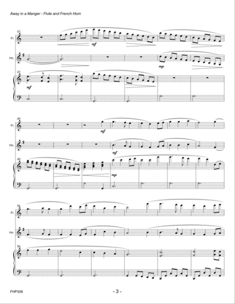 AWAY IN A MANGER for FLUTE & HORN with Piano Accompaniment Woodwind Duet scores gallery preview page 3