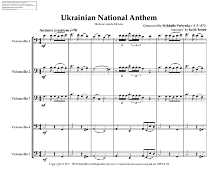 Ukrainian National Anthem for Cello Quintet MFAO World National Anthem Series image number null