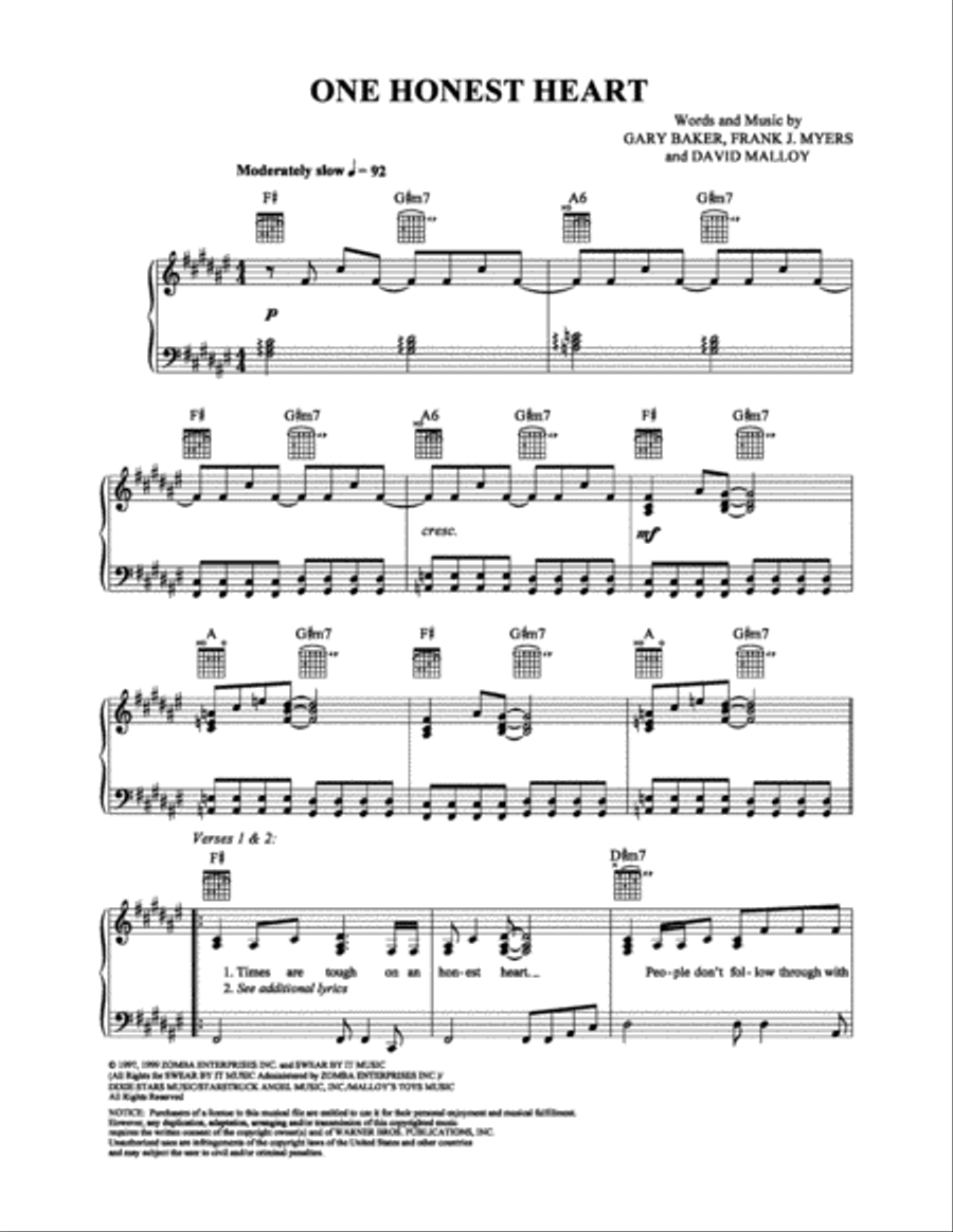 One Honest Heart One Honest Heart Piano, Vocal, Guitar scores gallery preview page 1