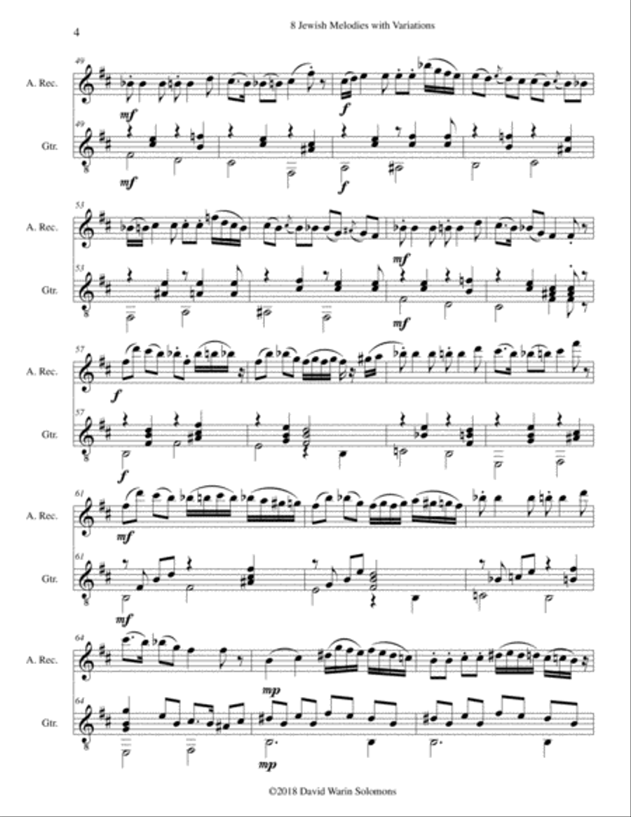 8 Jewish Melodies with Variations for alto recorder and guitar Alto Recorder scores gallery preview page 4