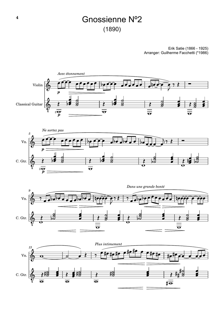 Erik Satie - Six Gnossiennes. Three Gymnopédies. Arrangement for Violin and Classical Guitar. String Duet scores gallery preview page 4