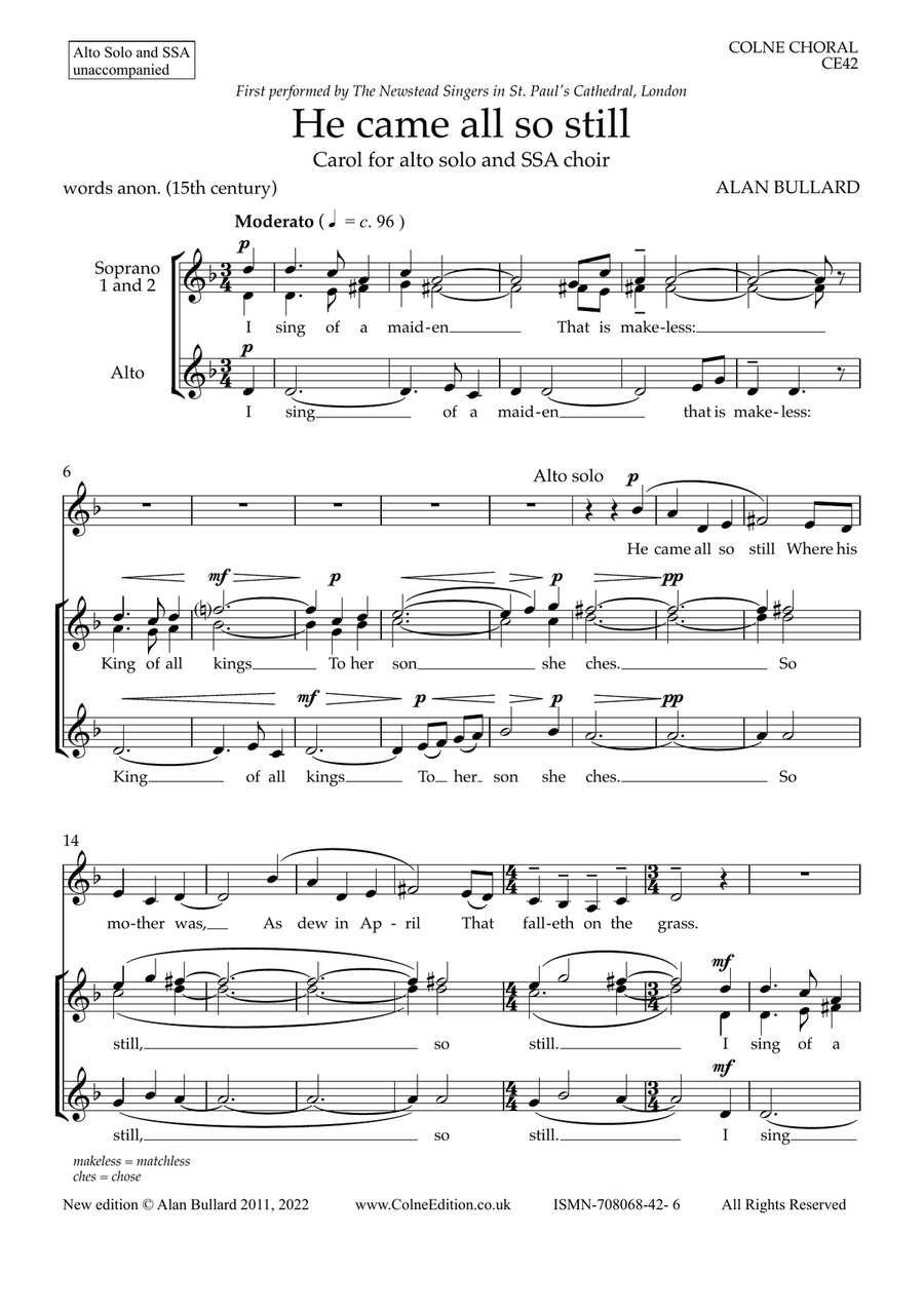 He came all so still (carol for upper voices with Alto solo) SSAA scores gallery preview page 3