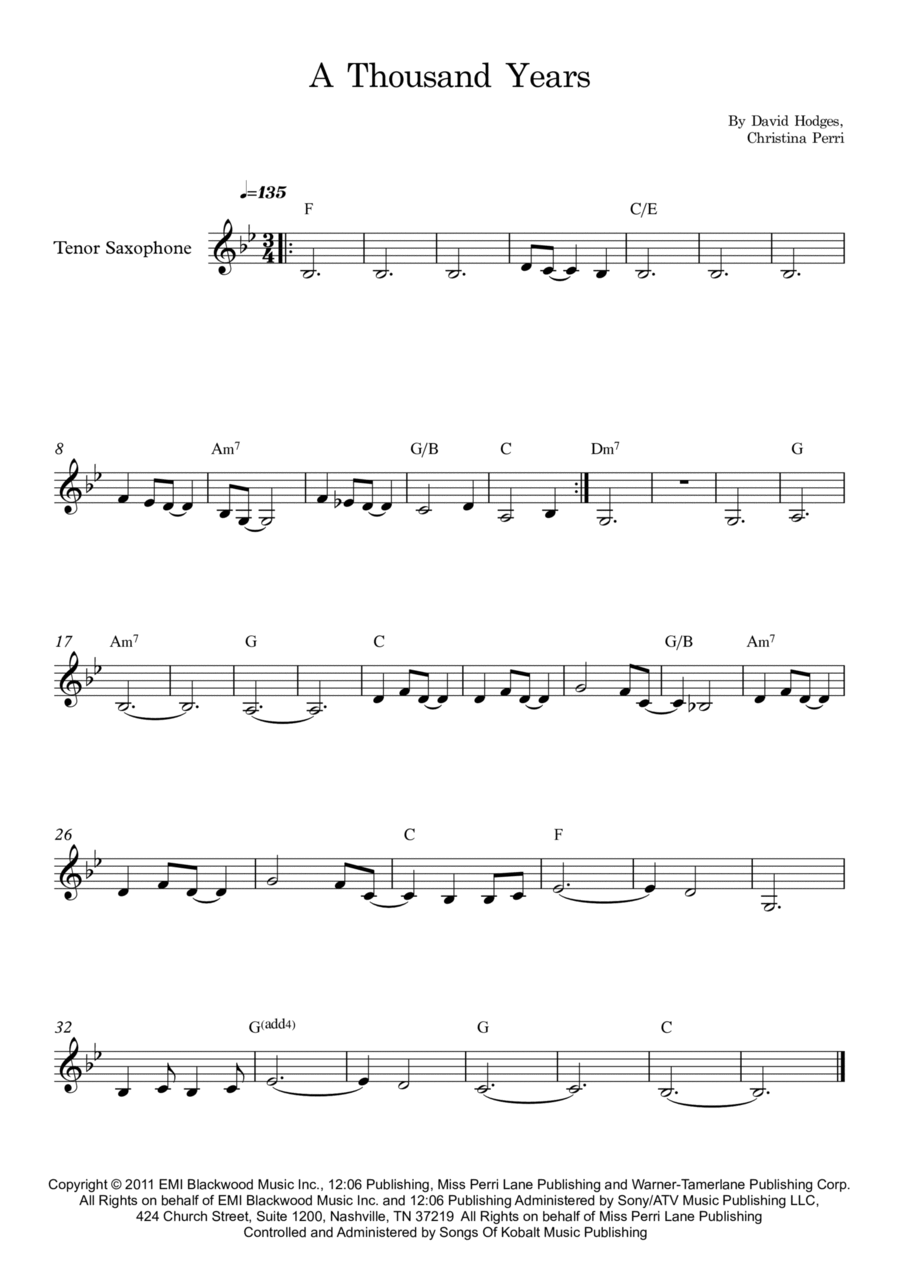 A Thousand Years Tenor Saxophone scores gallery preview page 1