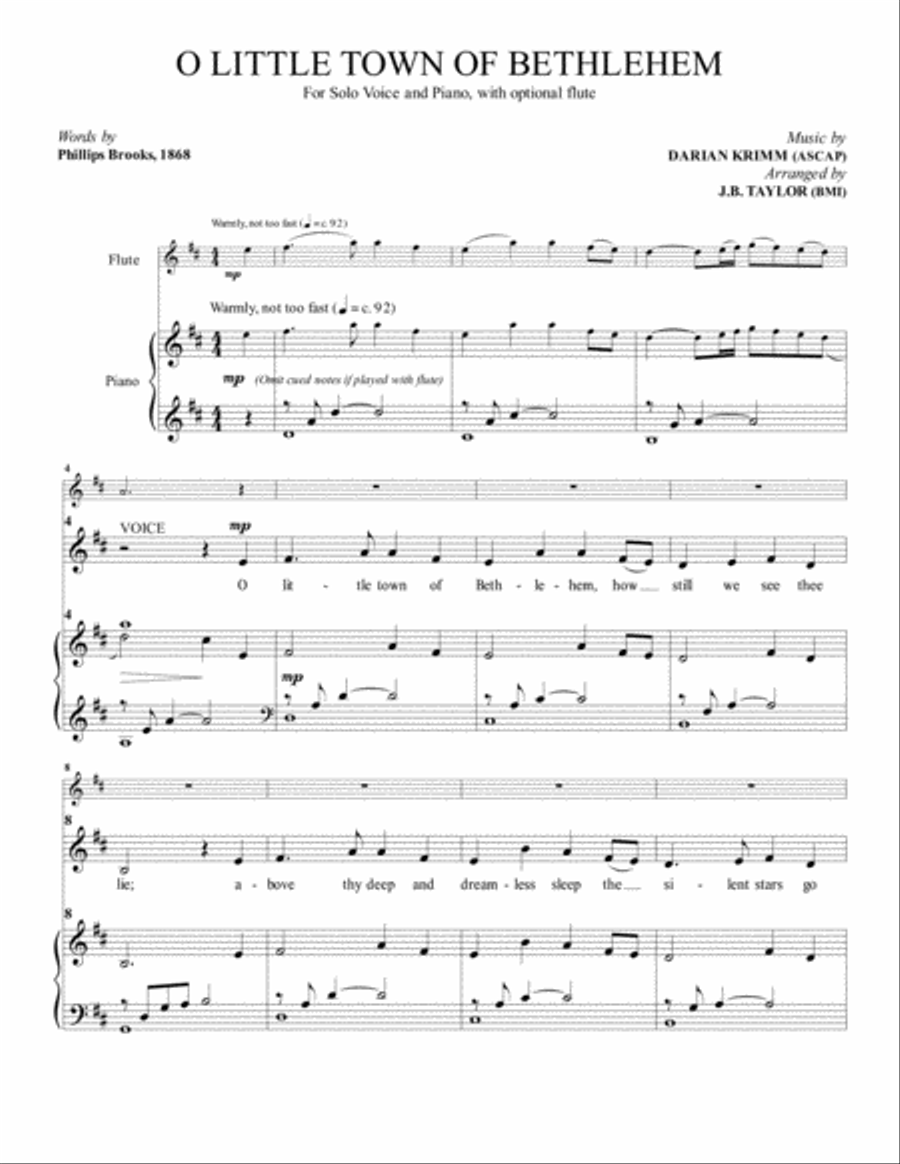 O Little Town of Bethlehem (For Solo Voice and Piano, with optional flute) Flute scores gallery preview page 1