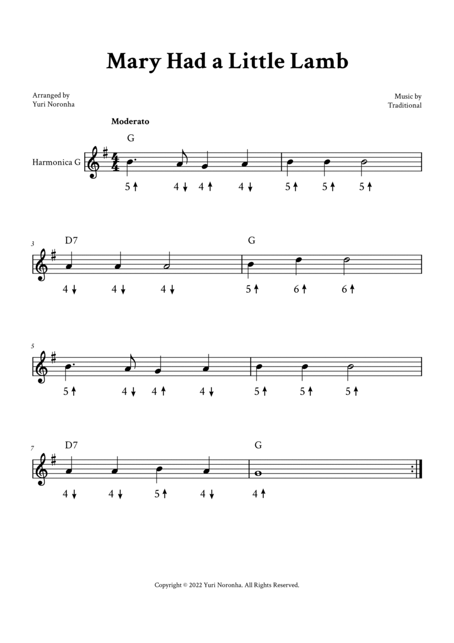 Mary Had a Little Lamb - For Harmonica in G Harmonica scores gallery preview page 1