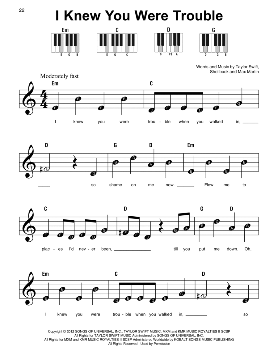I Knew You Were Trouble Easy Piano scores gallery preview page 1