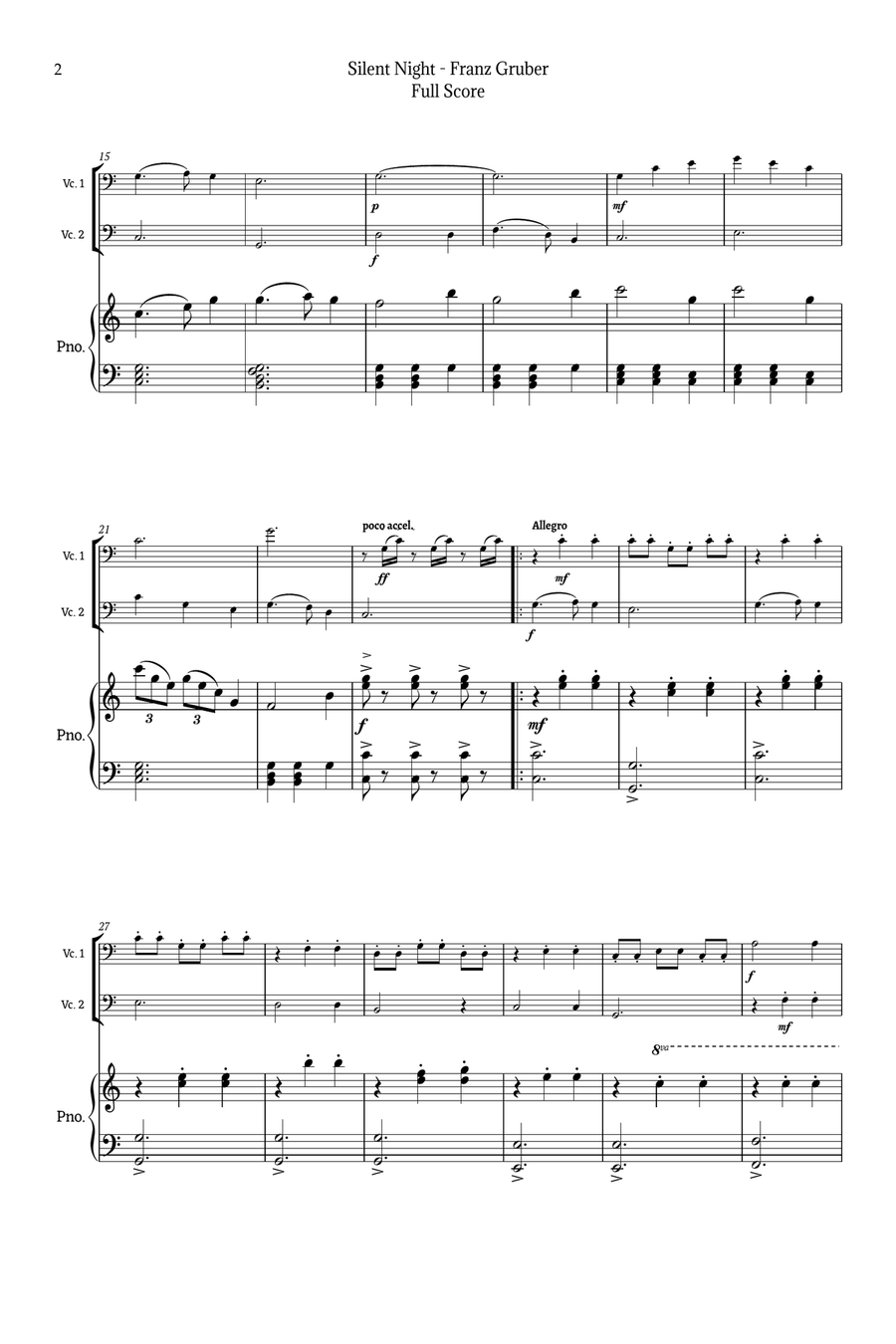 Silent Night for Cello Duet and Piano String Duet scores gallery preview page 2