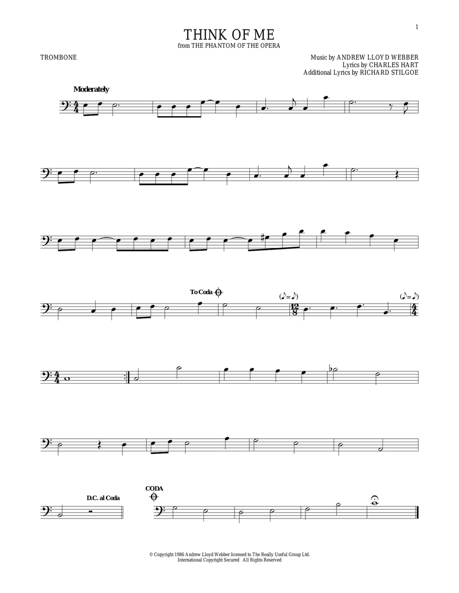 Think Of Me (from The Phantom Of The Opera) Trombone Solo scores gallery preview page 1