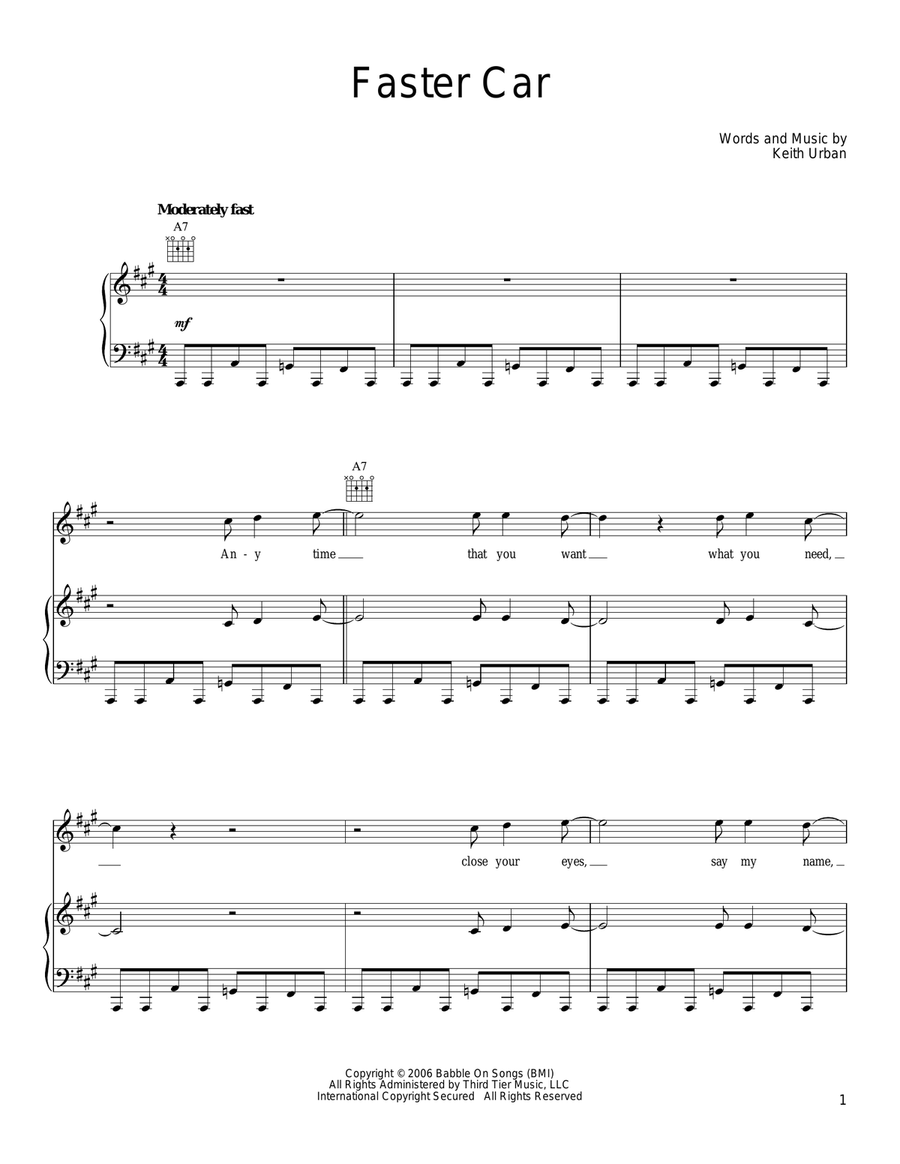 Faster Car Piano, Vocal, Guitar scores gallery preview page 1