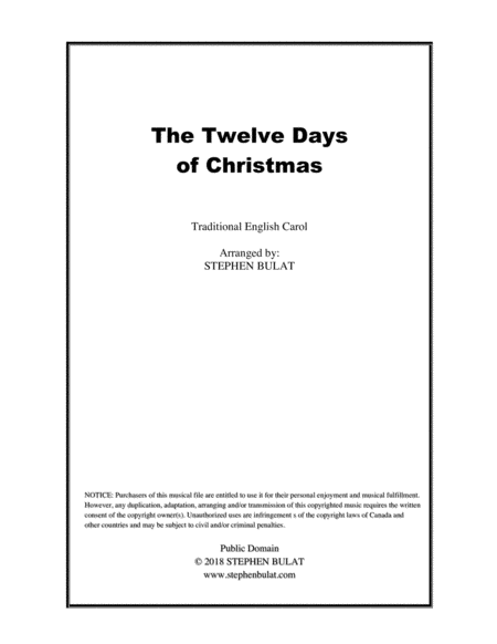 The Twelve Days of Christmas - Lead sheet (melody, lyrics & chords) in key of D