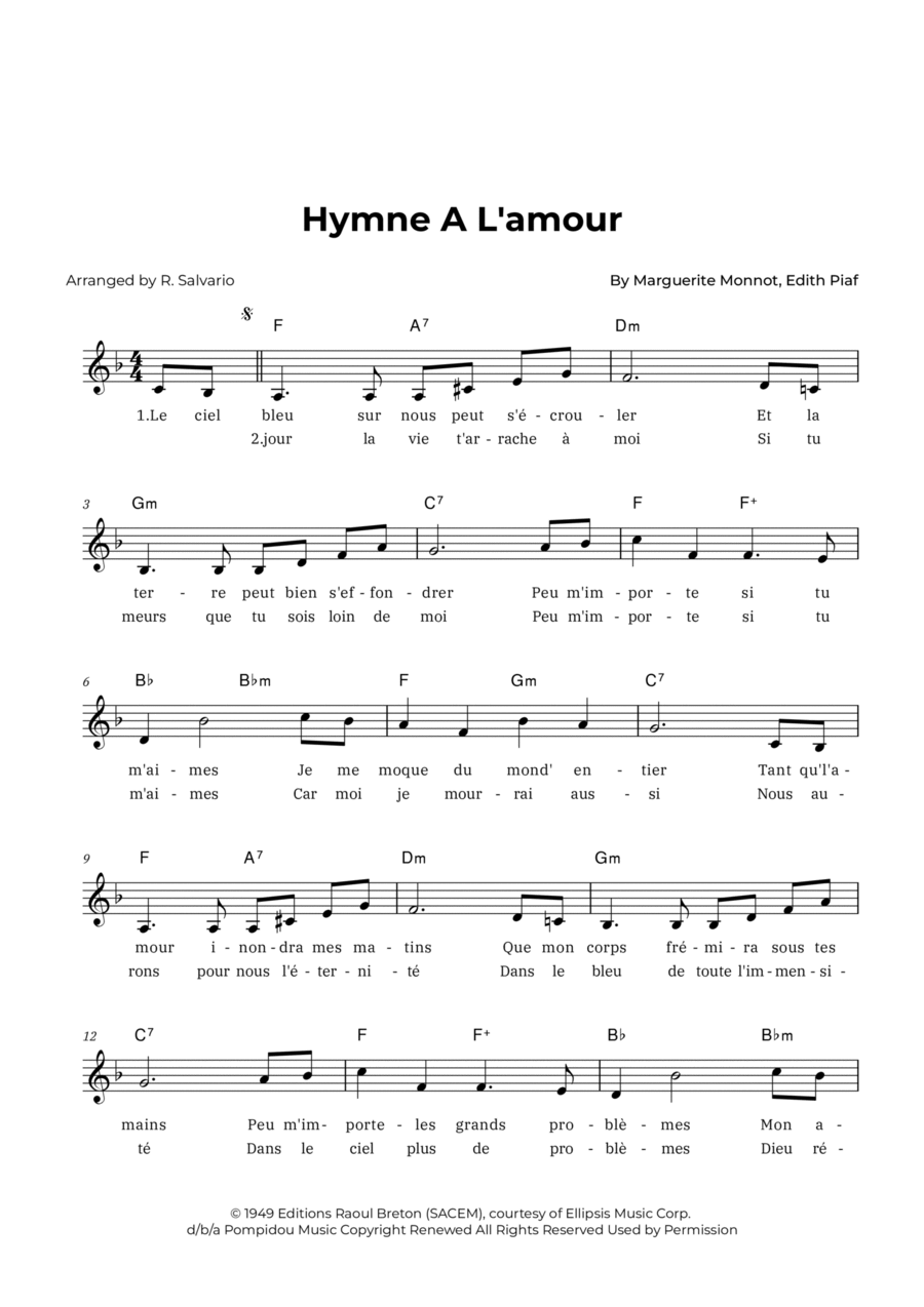 Hymne A L'amour Piano scores gallery preview page 1