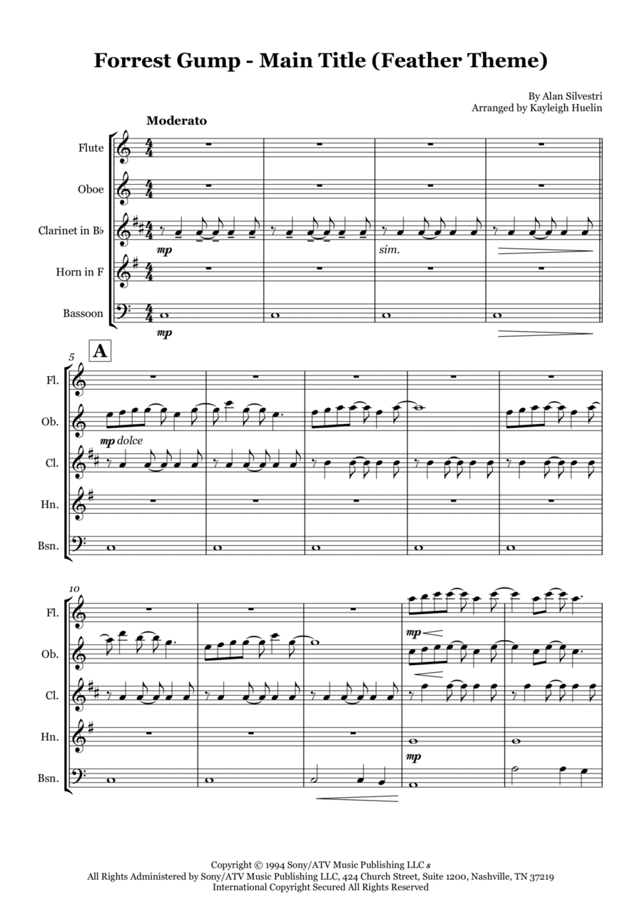 Forrest Gump - Main Title (feather Theme) Woodwind Quintet scores gallery preview page 1