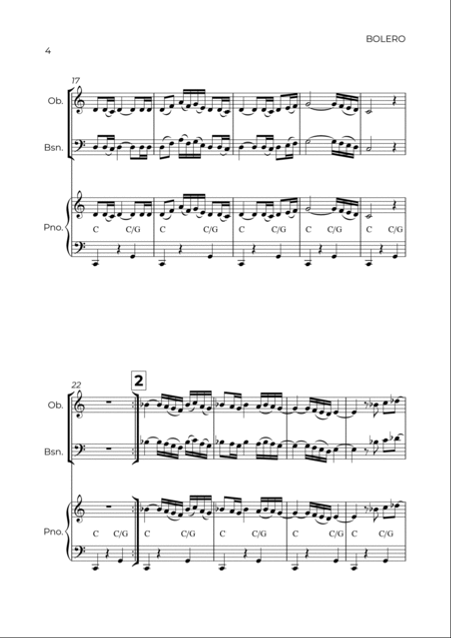 BOLERO - RAVEL - WIND PIANO TRIO (OBOE, BASSOON & PIANO) Bassoon scores gallery preview page 4