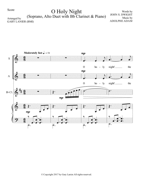 O HOLY NIGHT (Soprano, Alto Duet with Bb Clarinet & Piano - Score & Parts included) image number null