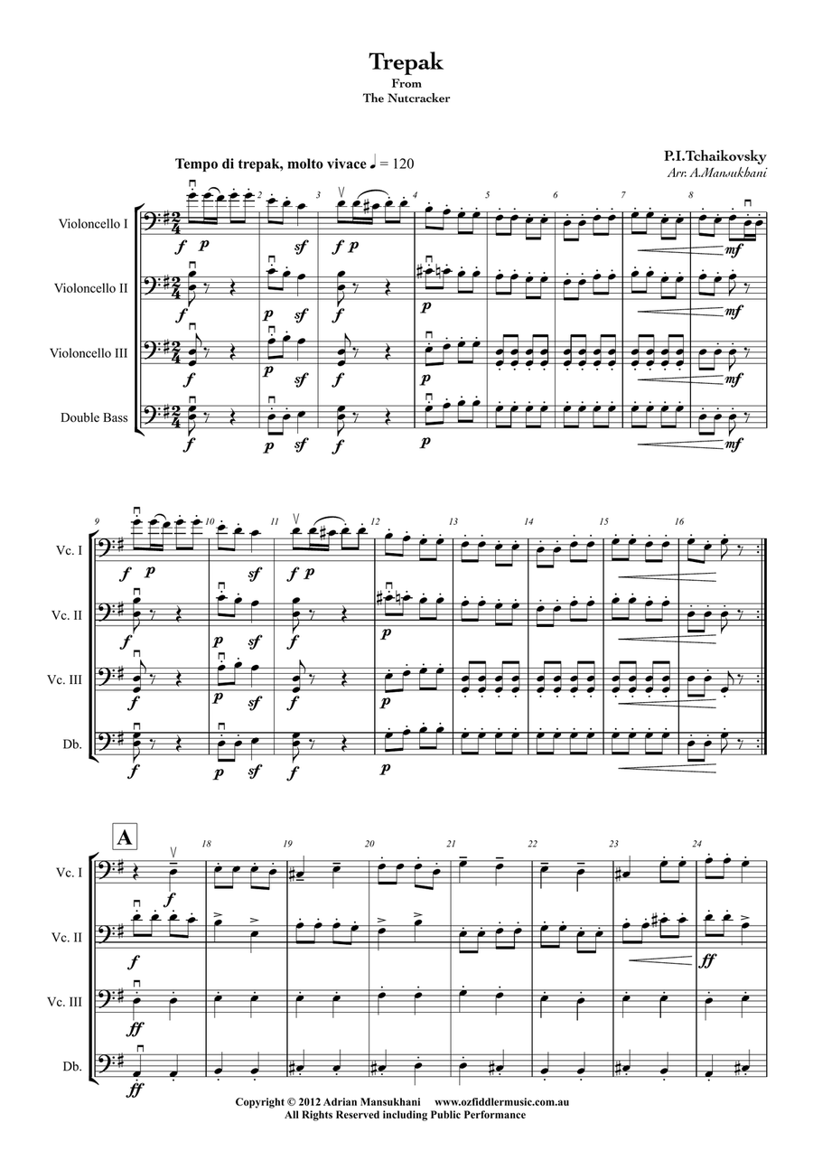 Trepak, from The Nutcracker, by Peter Ilyich Tchaikovsky, arranged for 3 Cellos and 1 Double Bass String Quartet scores gallery preview page 1