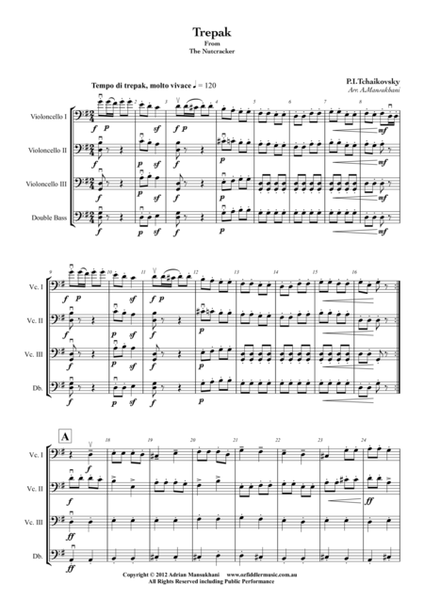 Trepak, from The Nutcracker, by Peter Ilyich Tchaikovsky, arranged for 3 Cellos and 1 Double Bass image number null