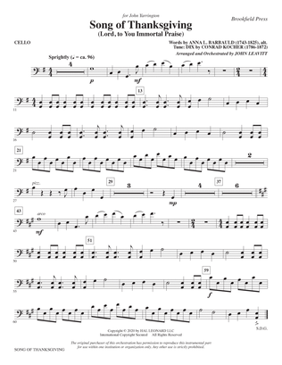 Song of Thanksgiving (Lord, to You Immortal Praise) (arr. Leavitt) - Cello