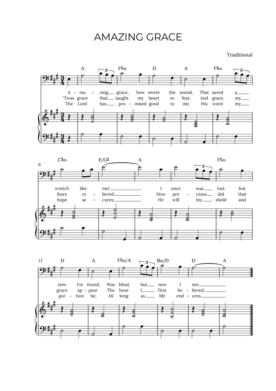 AMAZING GRACE - for piano and baritone in A major with chords Voice scores gallery preview page 1