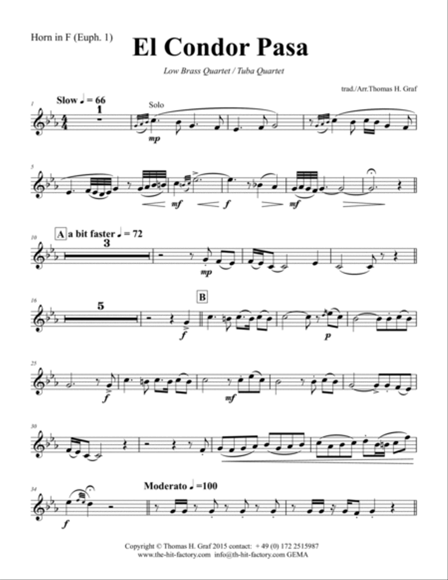 El Condor Pasa - Peruvian Folk Song - Low Brass Quartet Tuba Quartet - Ab Brass Quartet scores gallery preview page 6