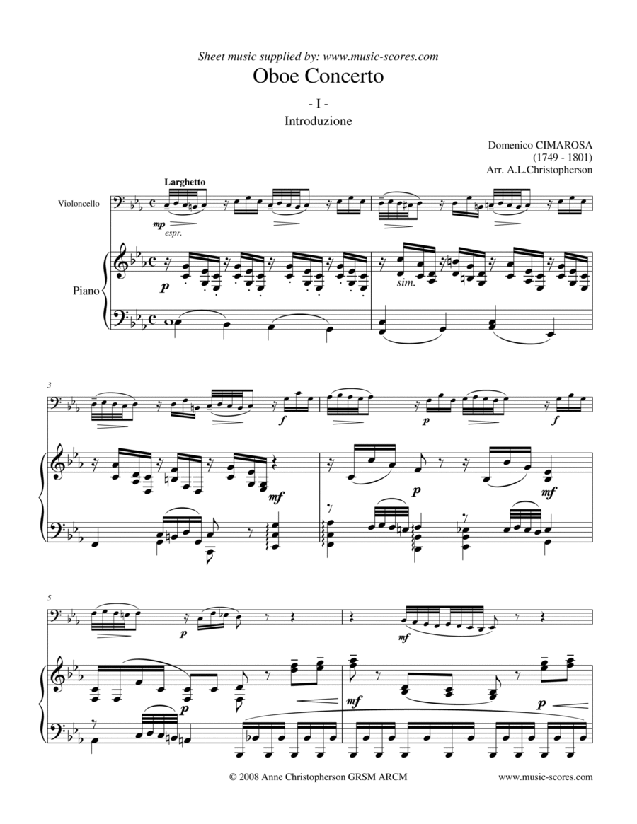 Cimarosa Larghetto - 1st movement from Oboe Concerto - Cello & Piano Piano scores gallery preview page 1