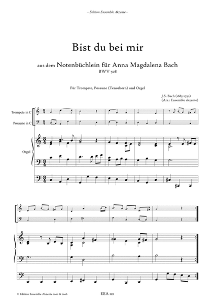 Be you with me / Bist Du bei mir from BWV 508 - arrangement for trumpet, trombone and organ image number null