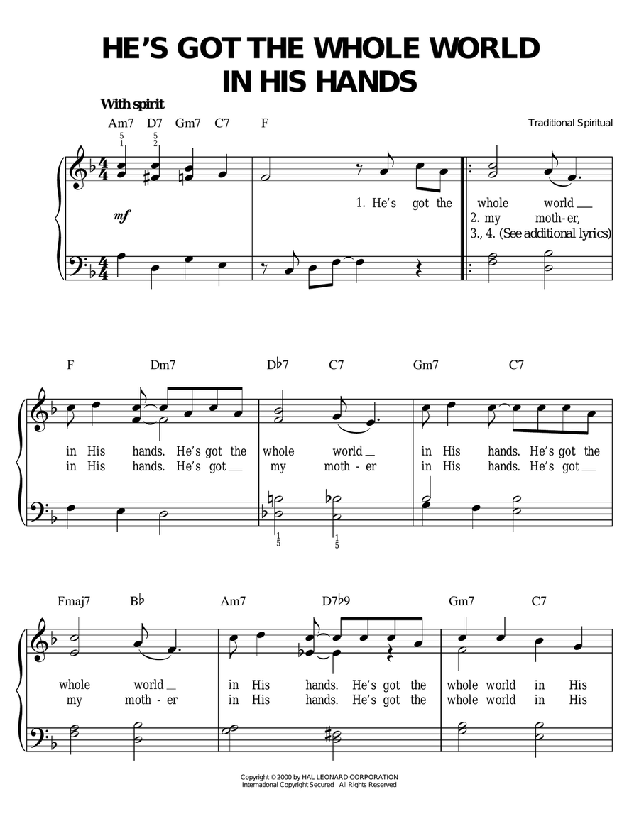 He's Got The Whole World In His Hands Easy Piano scores gallery preview page 1