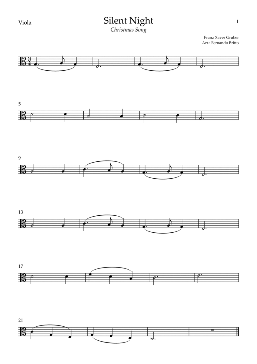 Silent Night (Christmas Song) for Viola Solo (C Major)