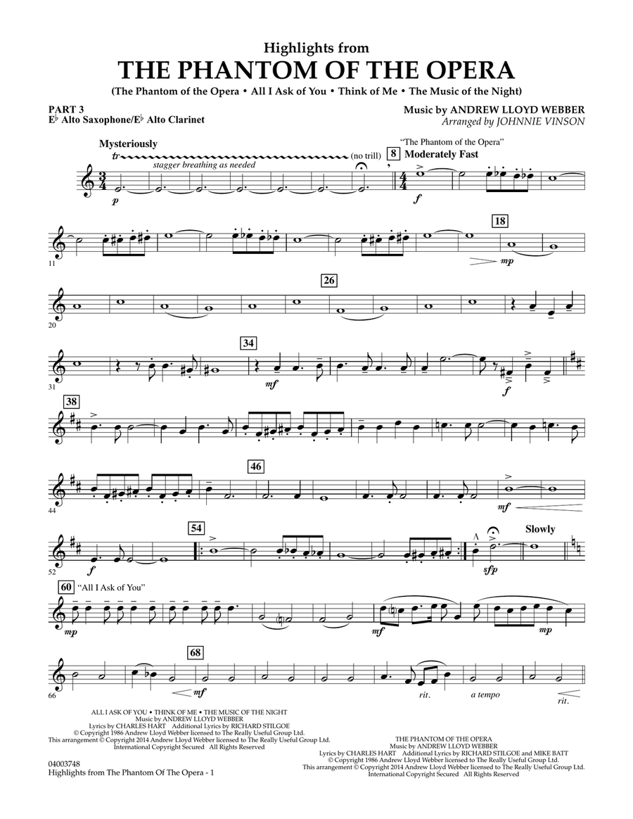 Highlights from The Phantom of the Opera - Pt.3 - Eb Alto Sax/Alto Clar. Concert Band scores gallery preview page 1