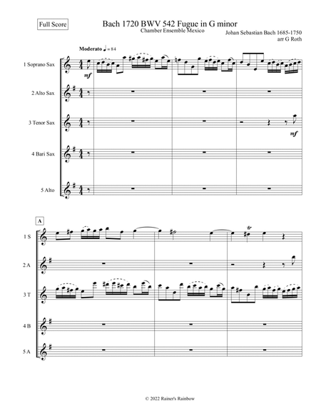 Bach 1720 BWV 542 Fugue in Gm Sax Quartet Score Parts Alternates by Johann Sebastian Bach Saxophone Quartet - Digital Sheet Music
