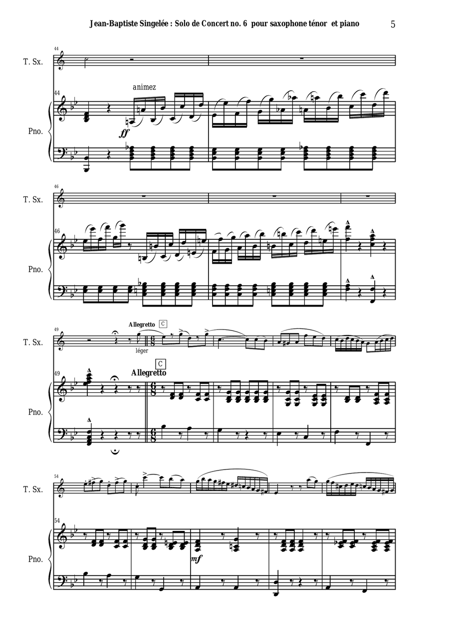 Jean-Baptiste Singelée: Solo de Concert no. 6, Opus 92 pour Saxophone Ténor et Piano Piano scores gallery preview page 5