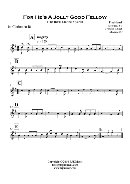 For He's A Jolly Good Fellow - Clarinet Quartet Score and Parts PDF image number null