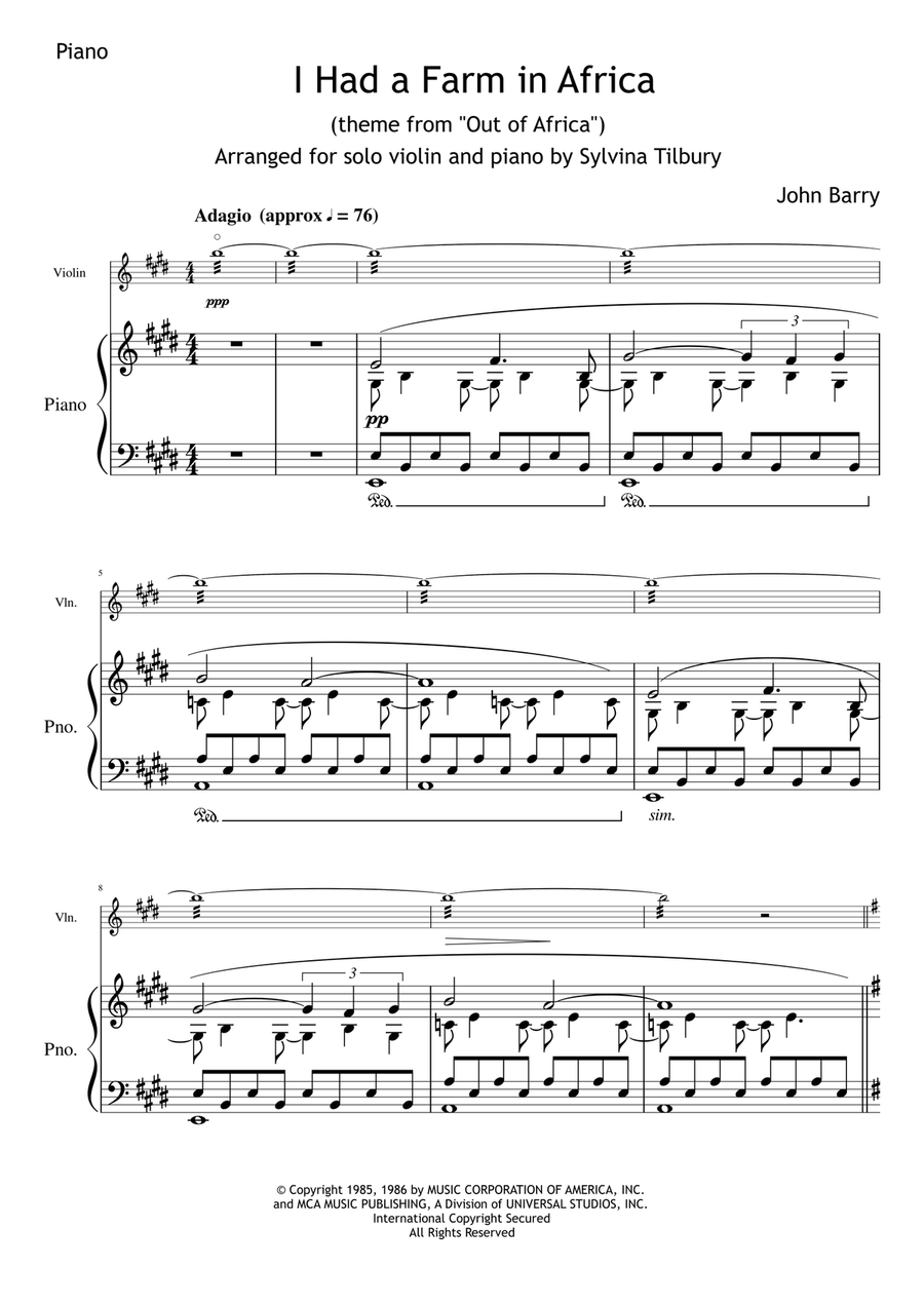 I Had A Farm In Africa (main Title) Violin Solo scores gallery preview page 1