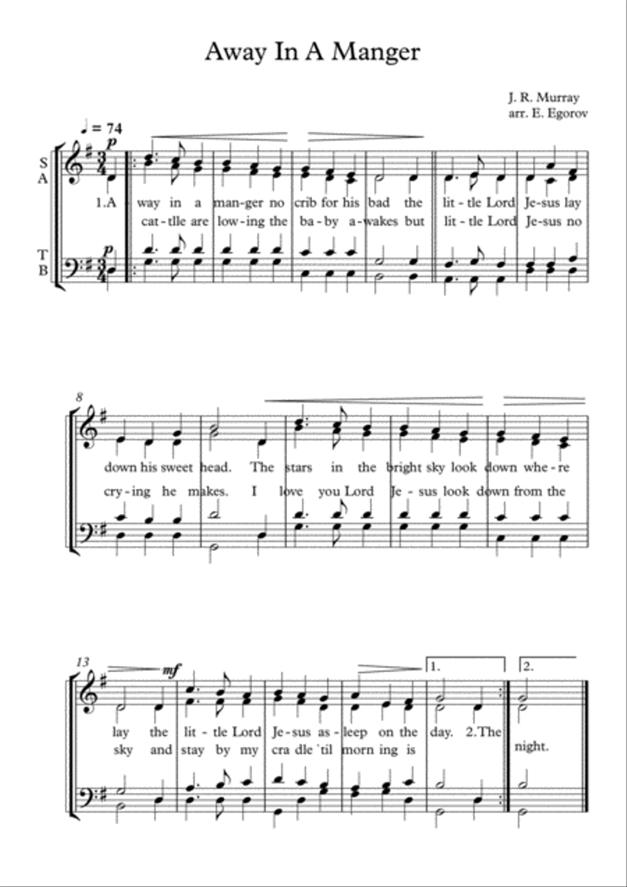 Away In A Manger, James Ramsey Murray, Choral (SATB Choir) 4-Part scores gallery preview page 1
