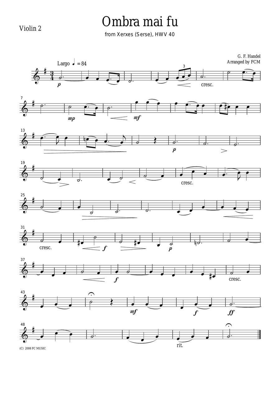 Handel Ombra mai fu (Largo), for string quartet, CH107 String Quartet scores gallery preview page 2