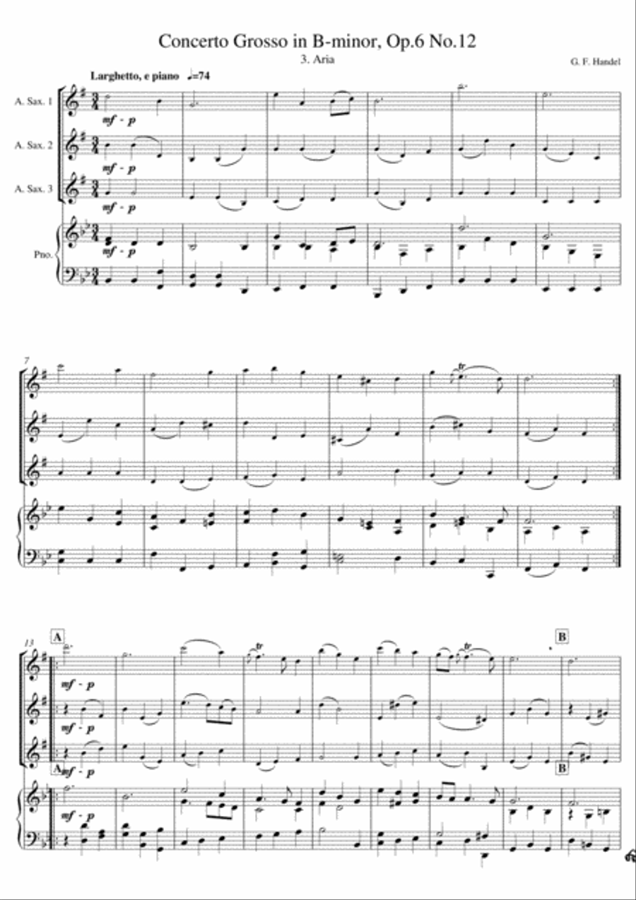 G. F. Handel - Aria (saxophone trio & piano) Alto Saxophone scores gallery preview page 1