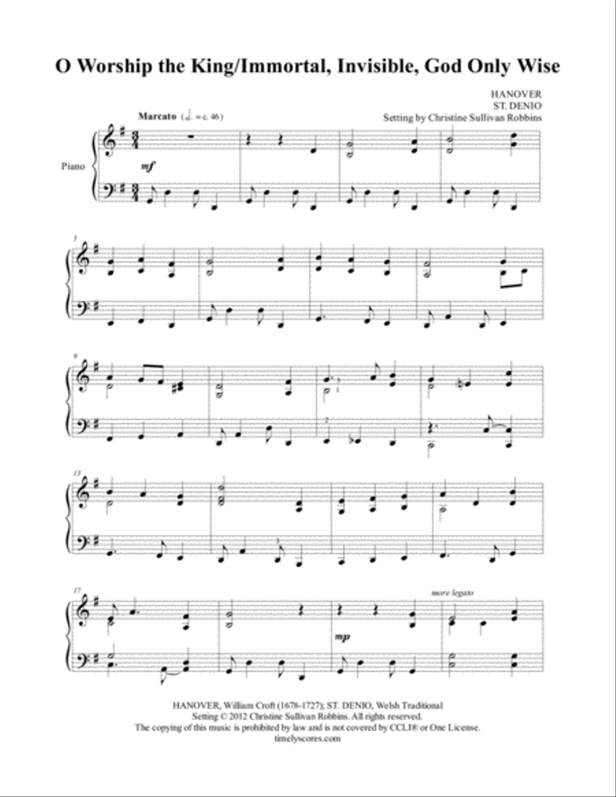 O Worship the King with Immortal, Invisible, God Only Wise Piano Solo scores gallery preview page 1
