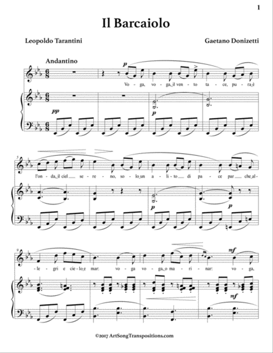 DONIZETTI: Il barcaiolo (transposed to E-flat major) Voice scores gallery preview page 2