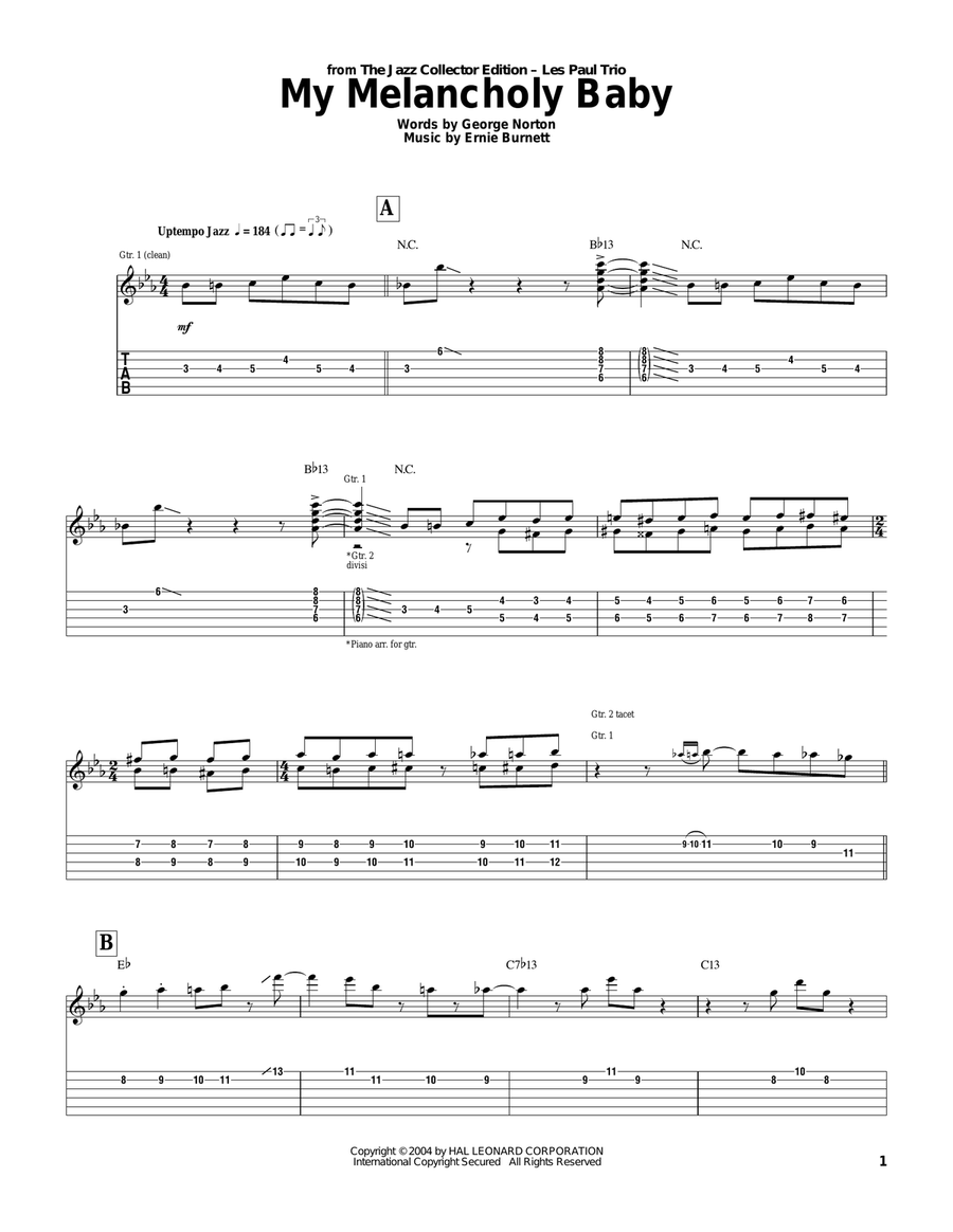 My Melancholy Baby My Melancholy Baby Electric Guitar scores gallery preview page 1