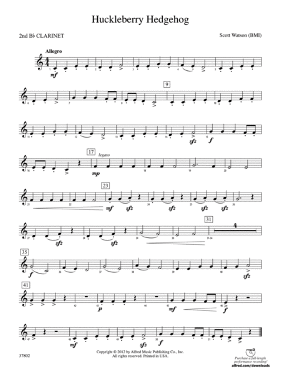 Huckleberry Hedgehog: 2nd B-flat Clarinet Concert Band scores gallery preview page 1