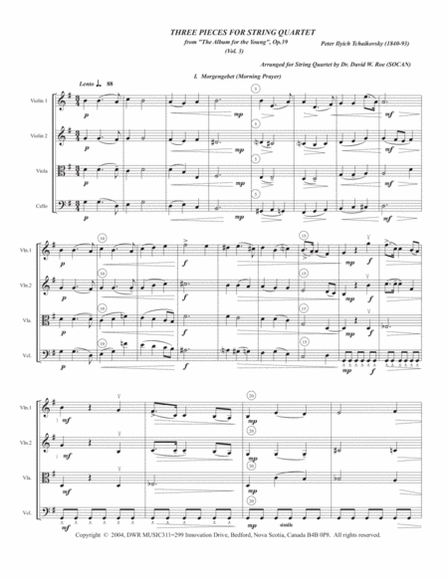 Three Pieces for String Quartet vol. 3 by Peter Ilyich Tchaikovsky (1840-1893)