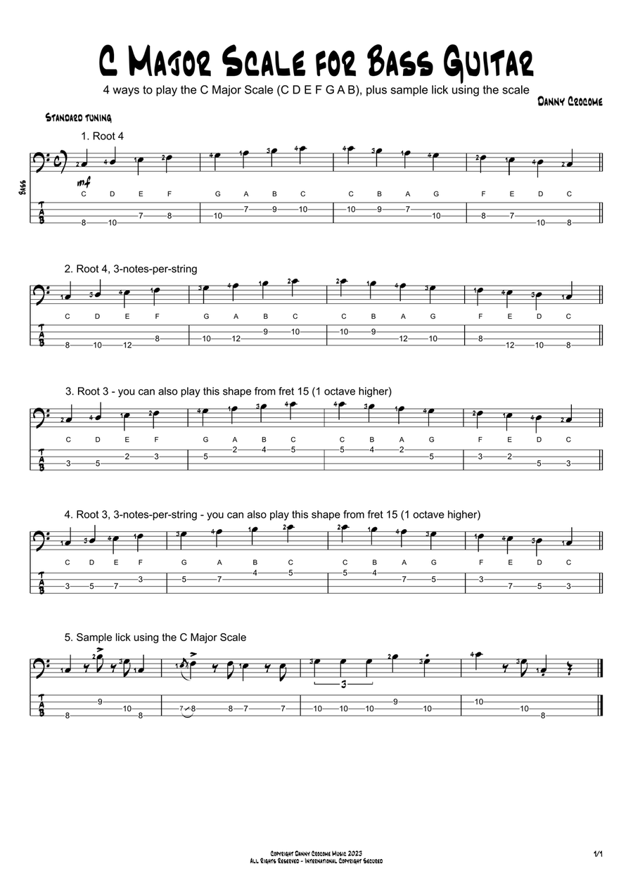 C Major Scale for Bass Guitar (4 Ways to Play) Bass Guitar Tablature scores gallery preview page 1