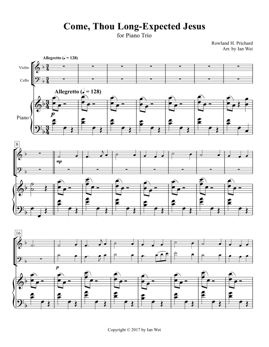 Come, Thou Long-Expected Jesus for Piano Trio Come, Thou Long-Expected Jesus for Piano Trio Piano Trio scores gallery preview page 1