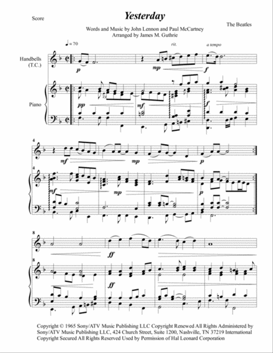Yesterday Handbell Choir scores gallery preview page 1