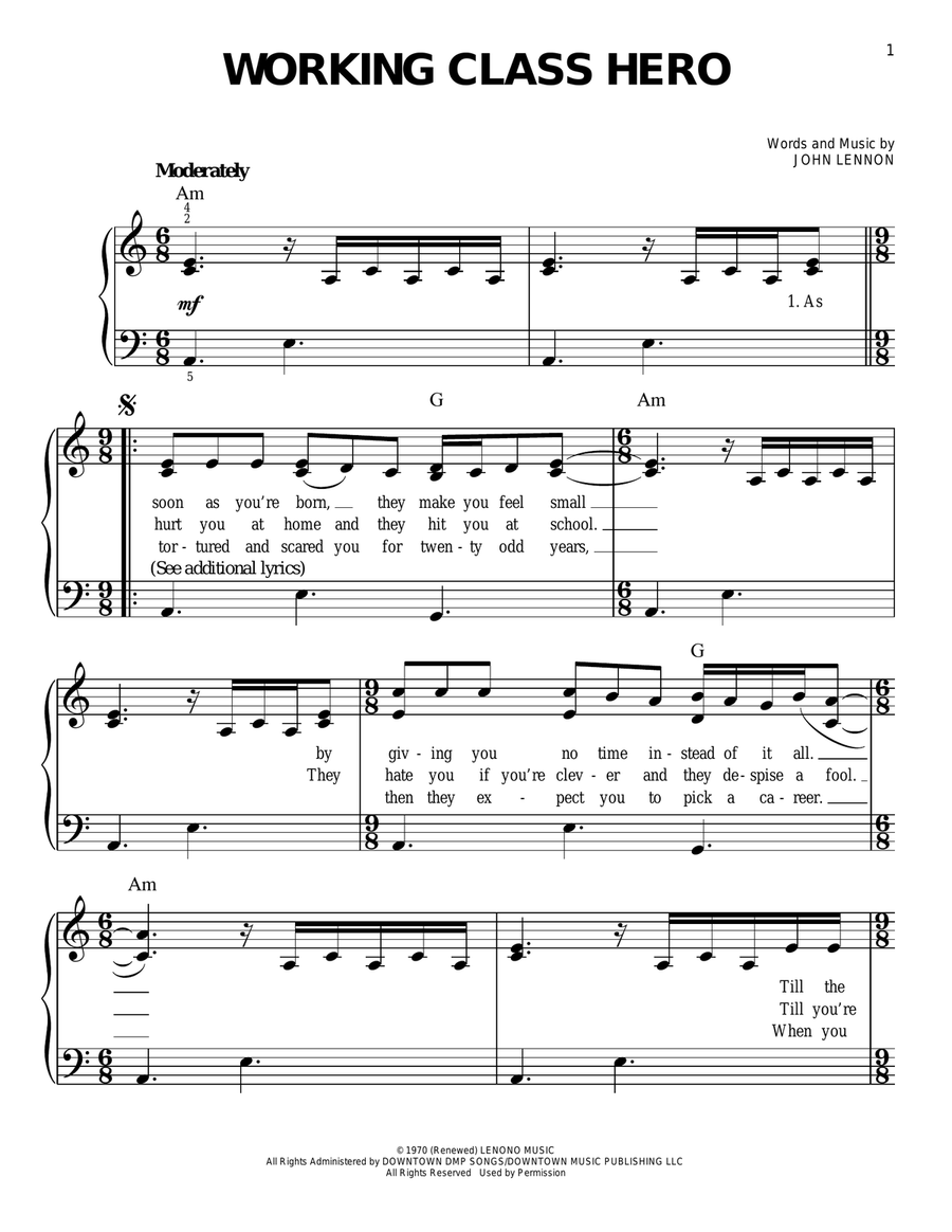 Working Class Hero Easy Piano scores gallery preview page 1