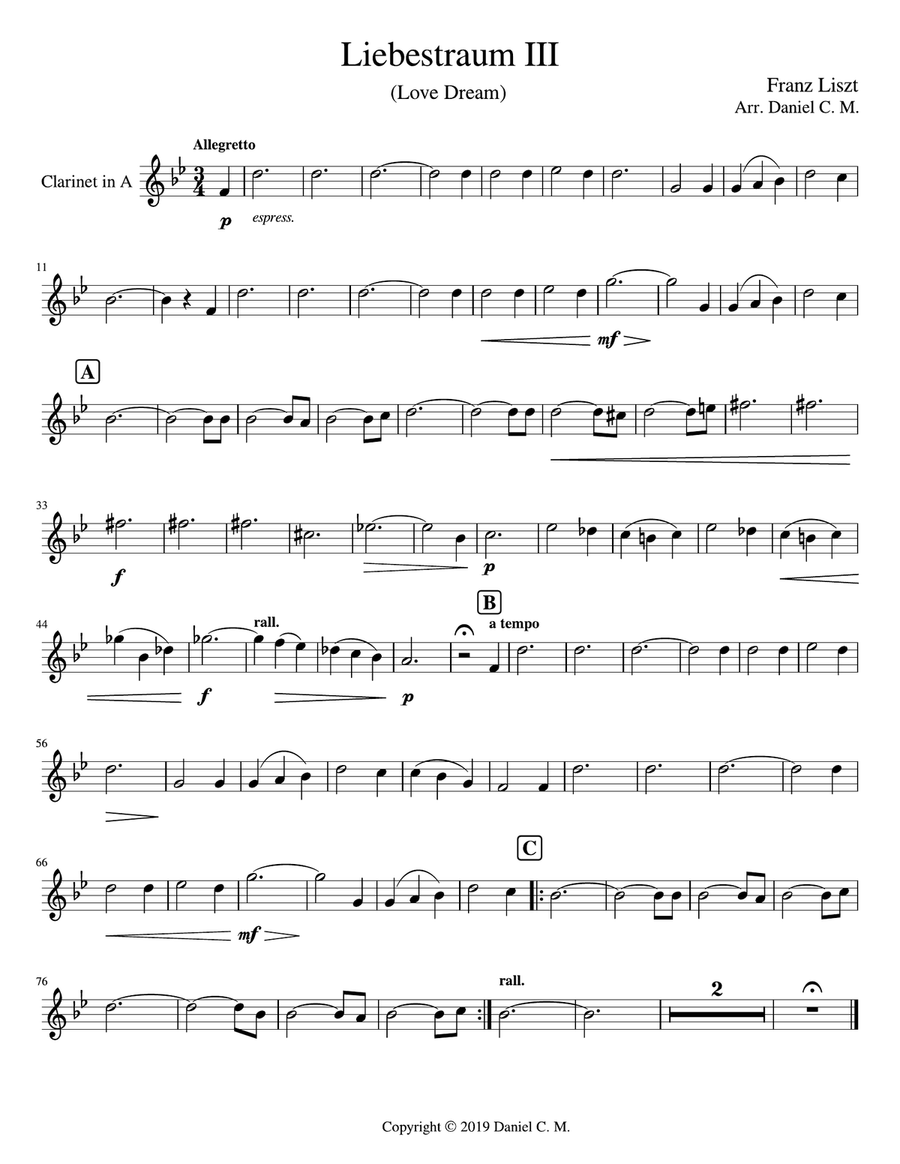 Liebestraum for A clarinet and piano A Clarinet scores gallery preview page 1