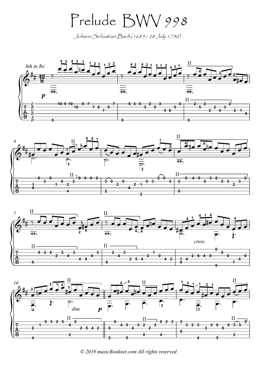 Bach for Guitar Prelude BWV 998 Acoustic Guitar scores gallery preview page 1