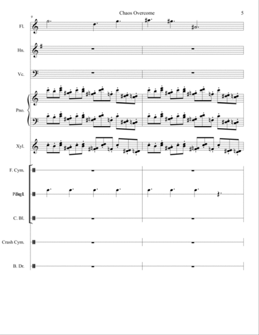Chaos Overcome for Mixed Ensemble (Flute, French Horn, Cello, Piano, Xylophone, and assorted Percuss Small Ensemble scores gallery preview page 5