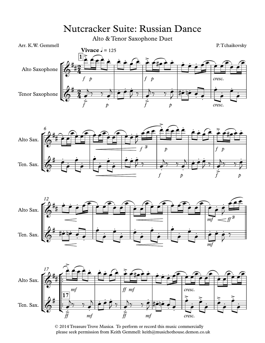 Nutcracker Suite: Russian Dance - Alto & Tenor Saxophone Duet Woodwind Duet scores gallery preview page 1